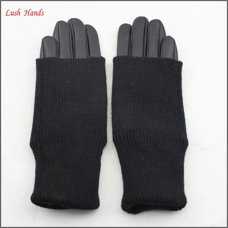 ladies winter wholesale black leather hand gloves with Knitting looping