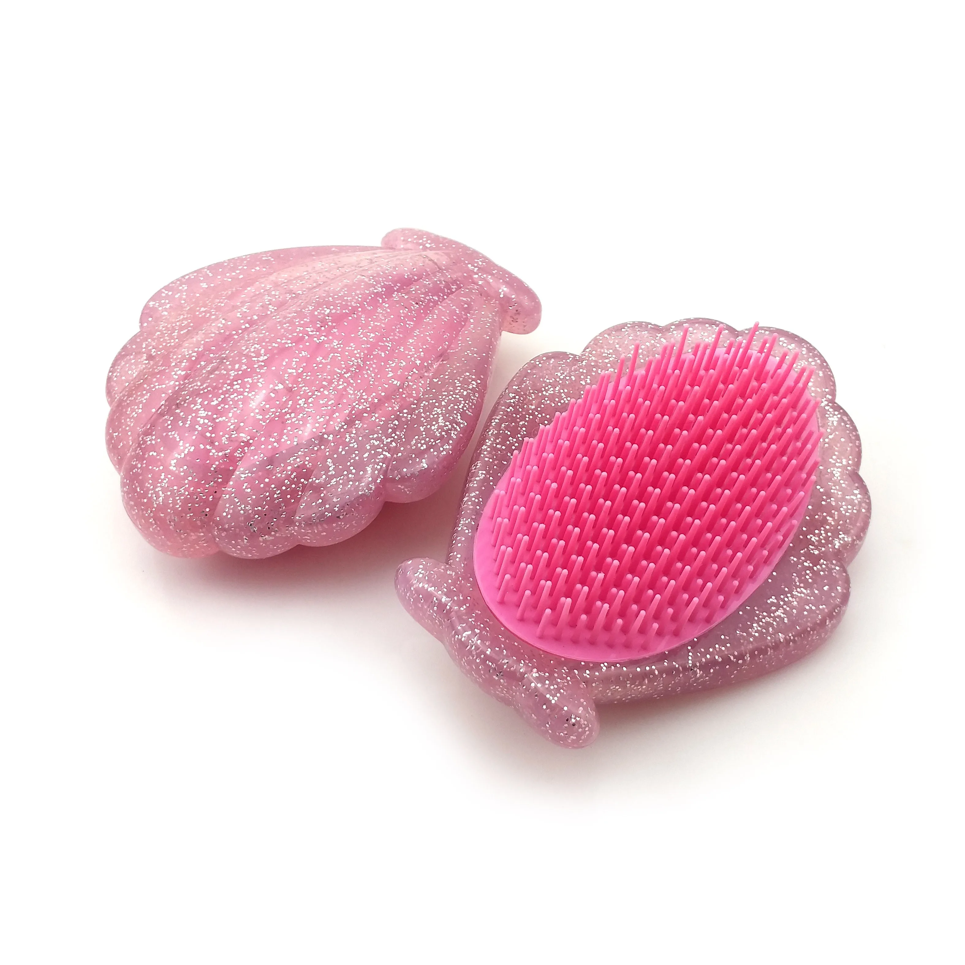 Cute Pink Shell Shape Shiny Color Pocket Hair Brush For Women And Kids
