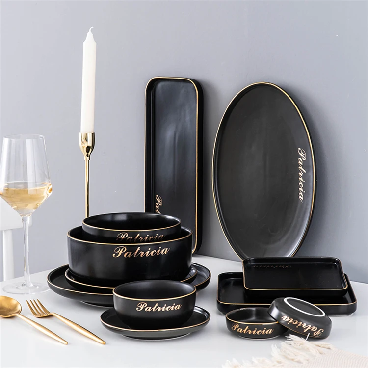 Wholesale tableware custom logo gold rim black ceramic dinnerware set for restaurant