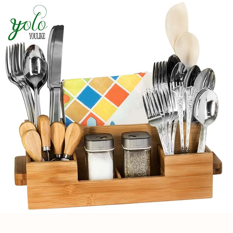 7 Compartment Kitchen Organizer Flatware Wooden Beer Tray,Bamboo
