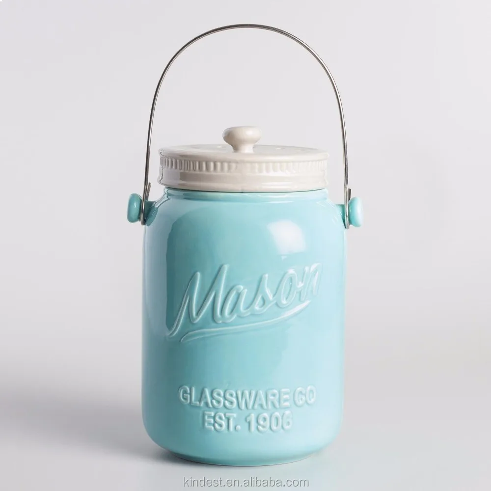 Blue Mason Jar Embossed Ceramic Kitchen Countertop Compost Bin