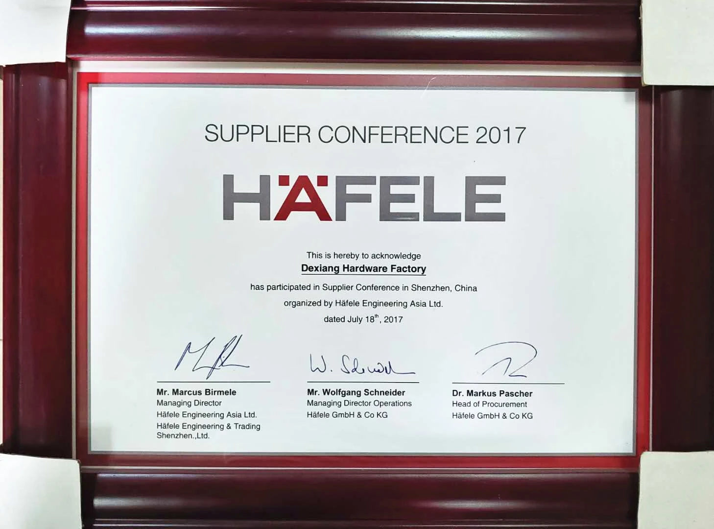 HAFELE certify  