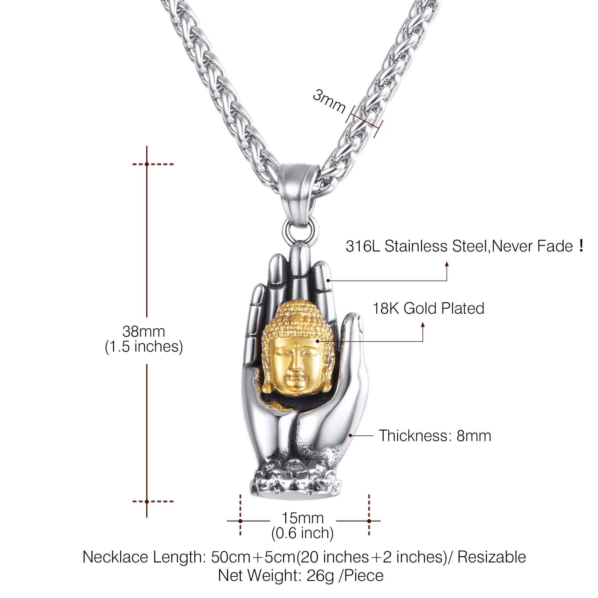 U7 Religion Stainless Steel Thailand Hand Buddhism Buddha Necklace With