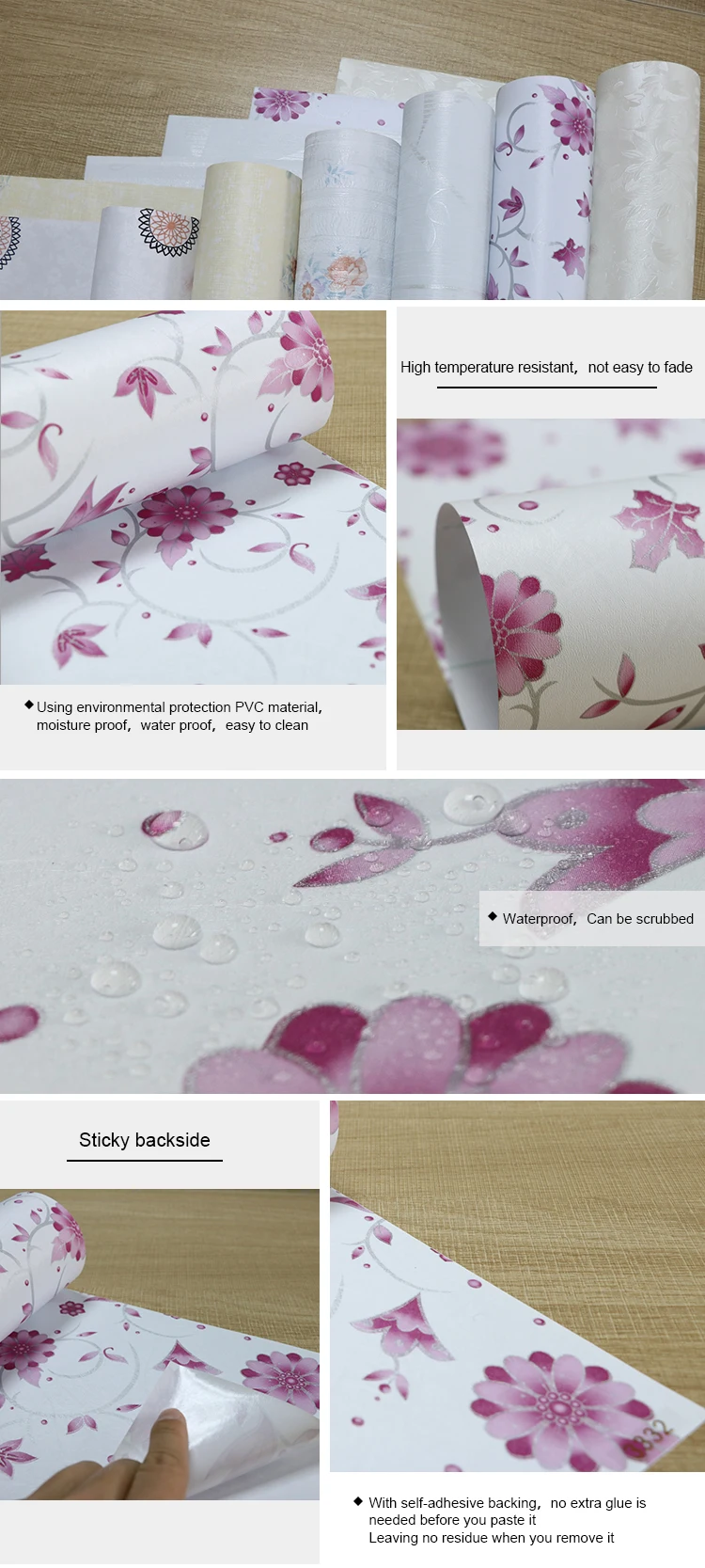 Home Decorative Fireproof Nature Flower PVC Wallpaper