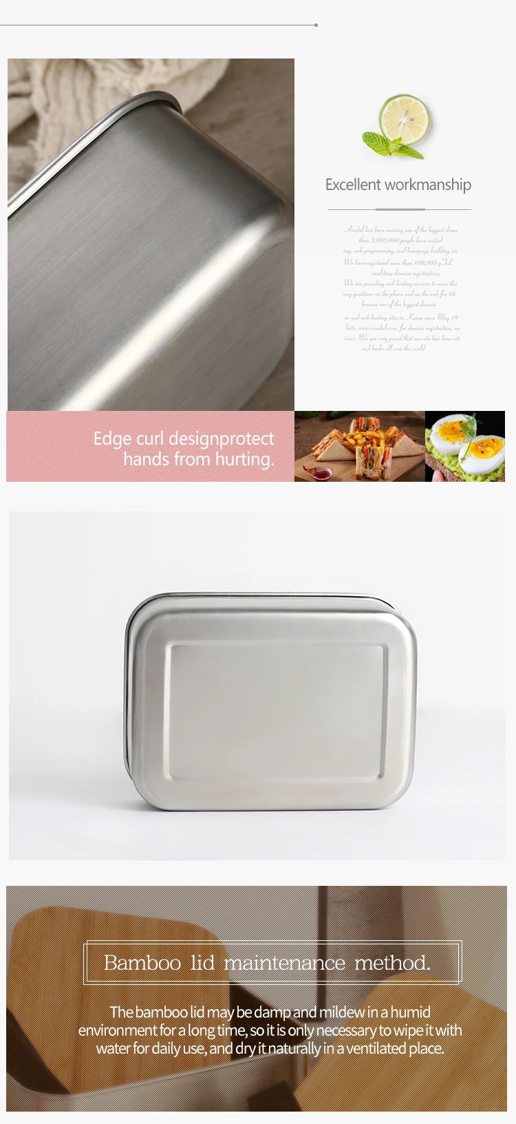 Nicety best custom stainless steel food storage container 100% bamboo lid gift box products with elastic band 6 bamboo bento box.jpg