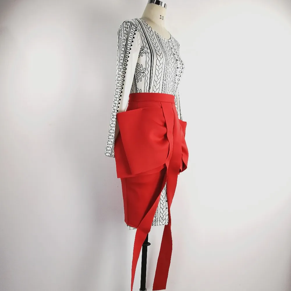Spring Long Sleeve Geometric Print Chiffon Dress And Bow Skirt Fashion