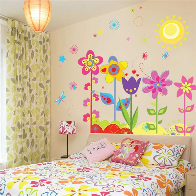 Flor dos desenhos animados e flor mural criança home decor removível adesivos de parede decalques