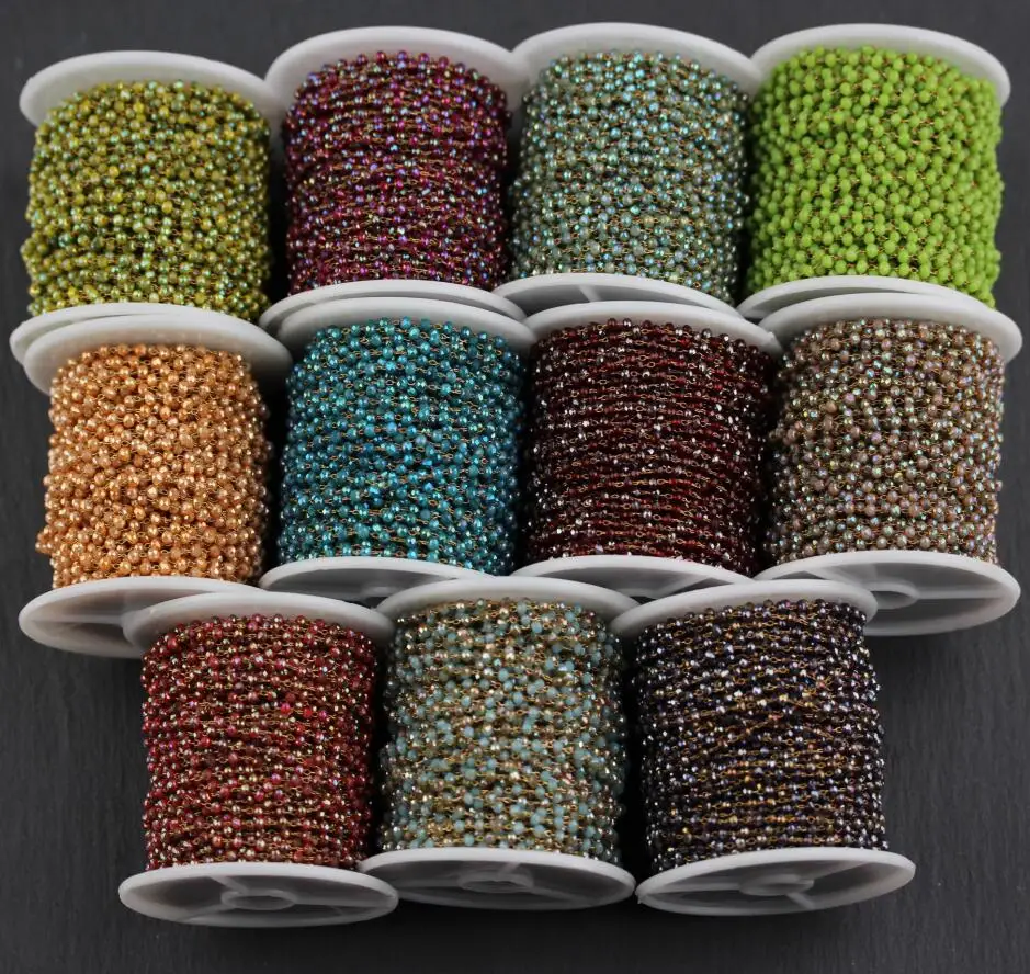 AM-YHX192 2x3mm Faceted Rondelle Beads Chain Bracelet,Copper Bronze Wire Wrapped Link Raw Glass Rosary Chain Jewelry Supplies