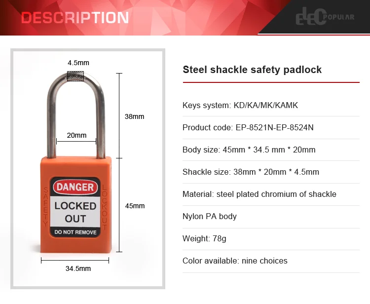 High Security Multi Color 38MM 316 Stainless Steel Shackle Slim Body Safety Padlock