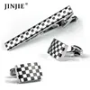 White and black chessboard grid enamel coating blank cufflink tie bar set for men gift