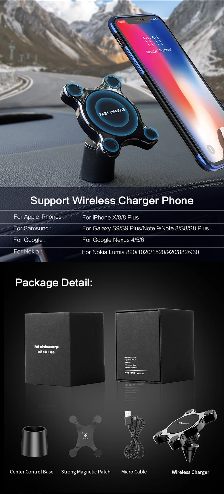 Free Shipping 2 in 1 Car Support and Wireless Charger