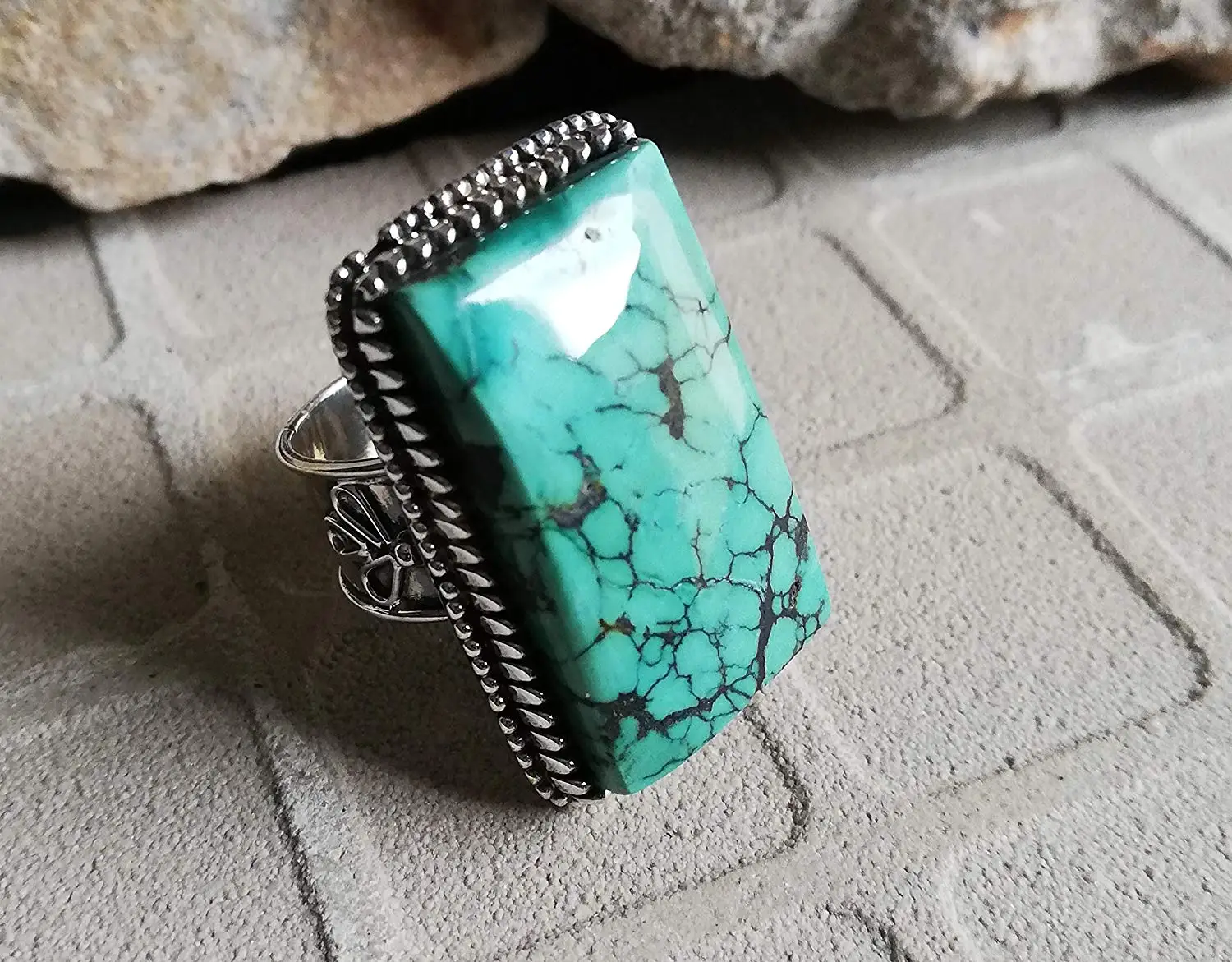 Turquoise Ring, 925 Sterling Silver, Rectangle Shape Ring, Wide Band Ring, Promise Ring, Friendship Ring, Natural Turquoise Ring, Classy jewelry, Traditional Ring, Boho Chic, Petite Ring, US All Size