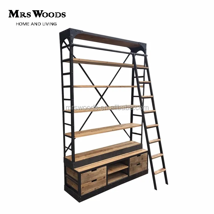 Rustic Iron Reclaimed Wood Bookcase With Ladder Rustic Iron Reclaimed Wood Bookcase With Ladder