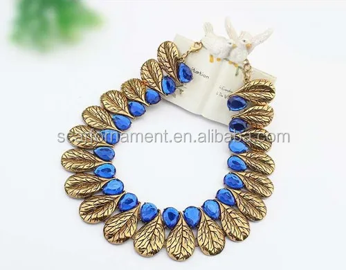Newest Vintage Leaves Choker Statements Necklace Antique Gold/Silver With Big Glow Royal Blue Crystal Alloy Necklace For Lady