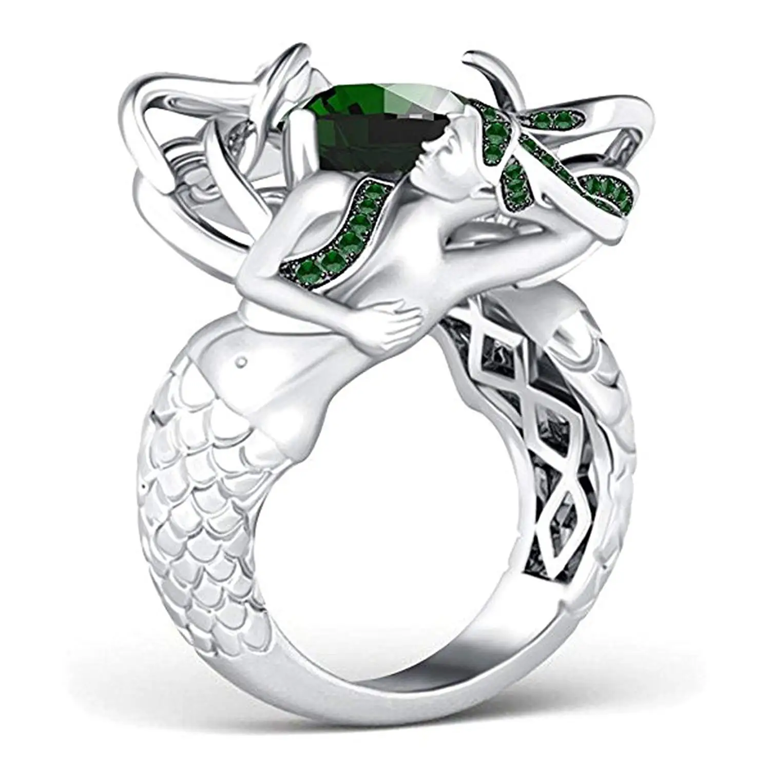 Star Retail Hot Sale!!! 4.00 CT. TW Cushion Cut Green Emerald 14k White Gold Plated Sterling Silver Base Alloy CZ Mermaid Ring For Women's Jewelry