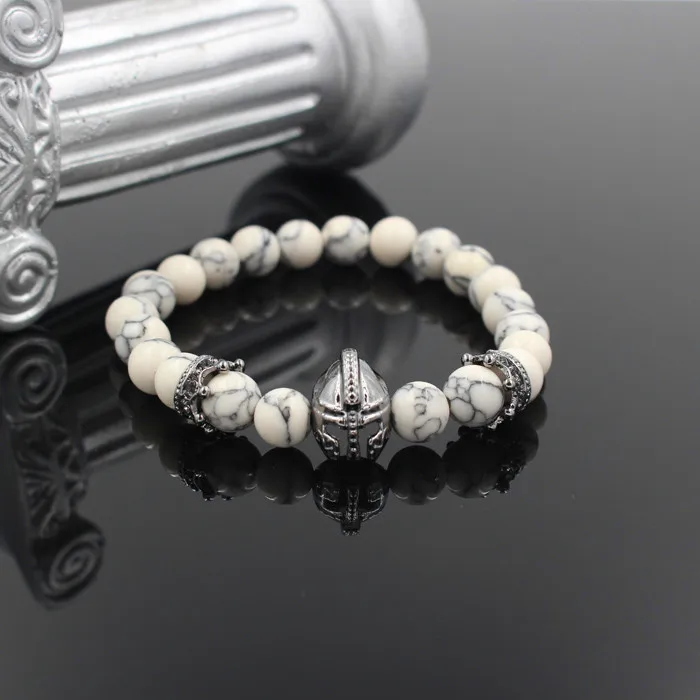 Roman Knight Spartan Warrior Gladiator Helmet Bracelet Men Natural Roman Knight Spartan Warrior Gladiator Helmet Bracelet Men Natural Howlite Bead African Turquoise Agate Stone
