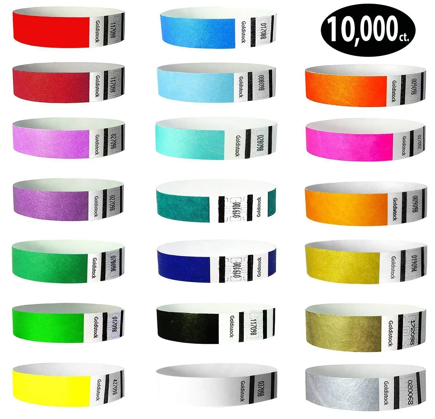 Goldistock 3/4" Tyvek Wristbands Top Twenty Variety Pack 20 Colors 10,000 Ct.- Green (2 Shades), Blue(3 Shades), Red(2), Orange(2), Purple(2), Gold(2), Yellow, Pink, Silver, Aqua, White, Black, Teal