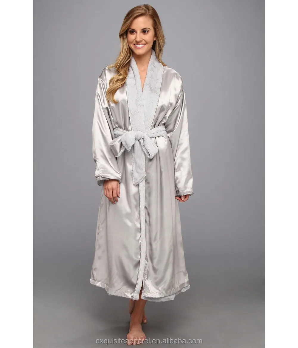 Custom 100 Polyester Wholesale Satin Robe With Faux Fur Lining/winter Dressing Gown Buy