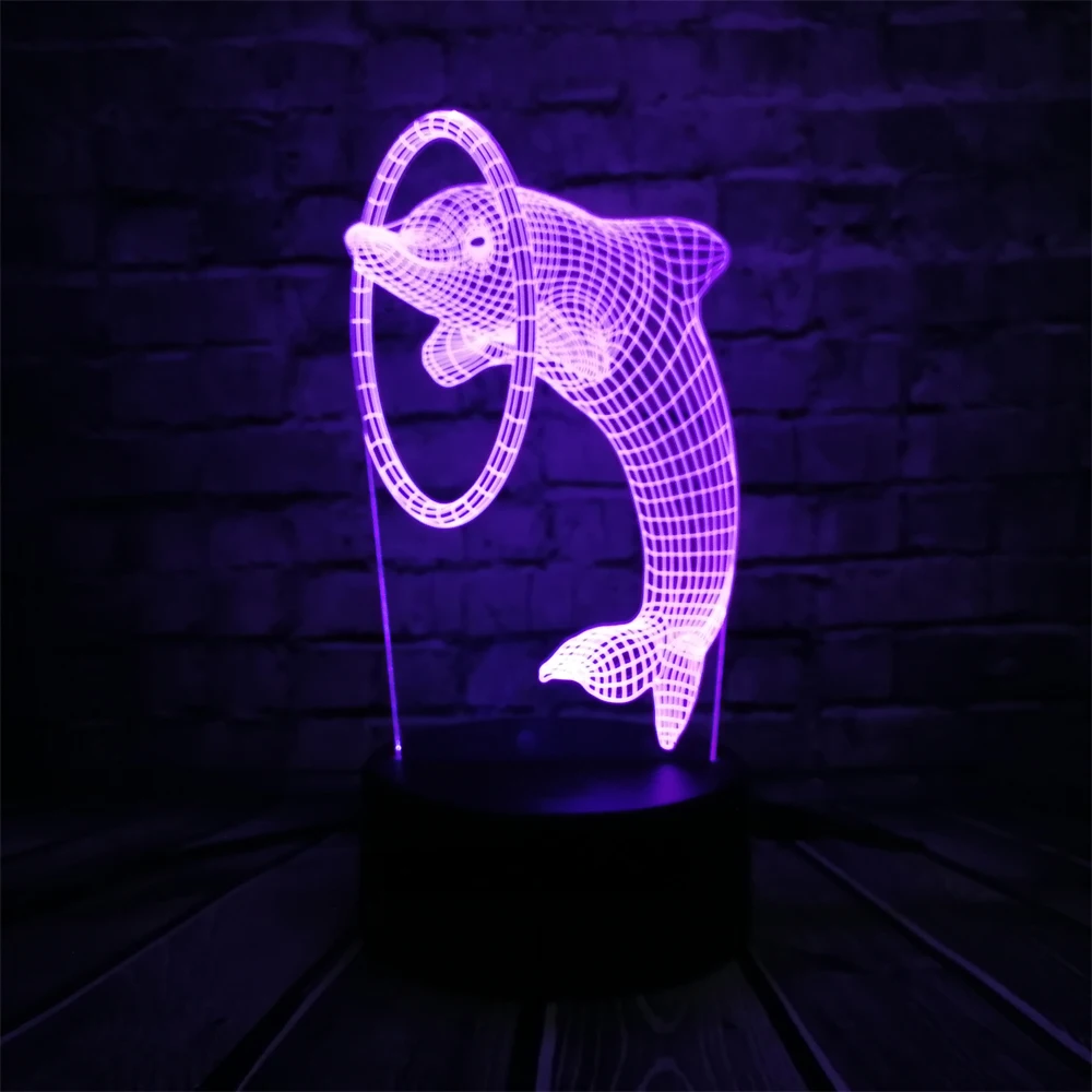 Remote USB Charge 2018 Active Animal 3D LED Lamp 3D Cute Dolphin Jumping hula hoop Shape Shark Multi color Night Light  Kid Gift