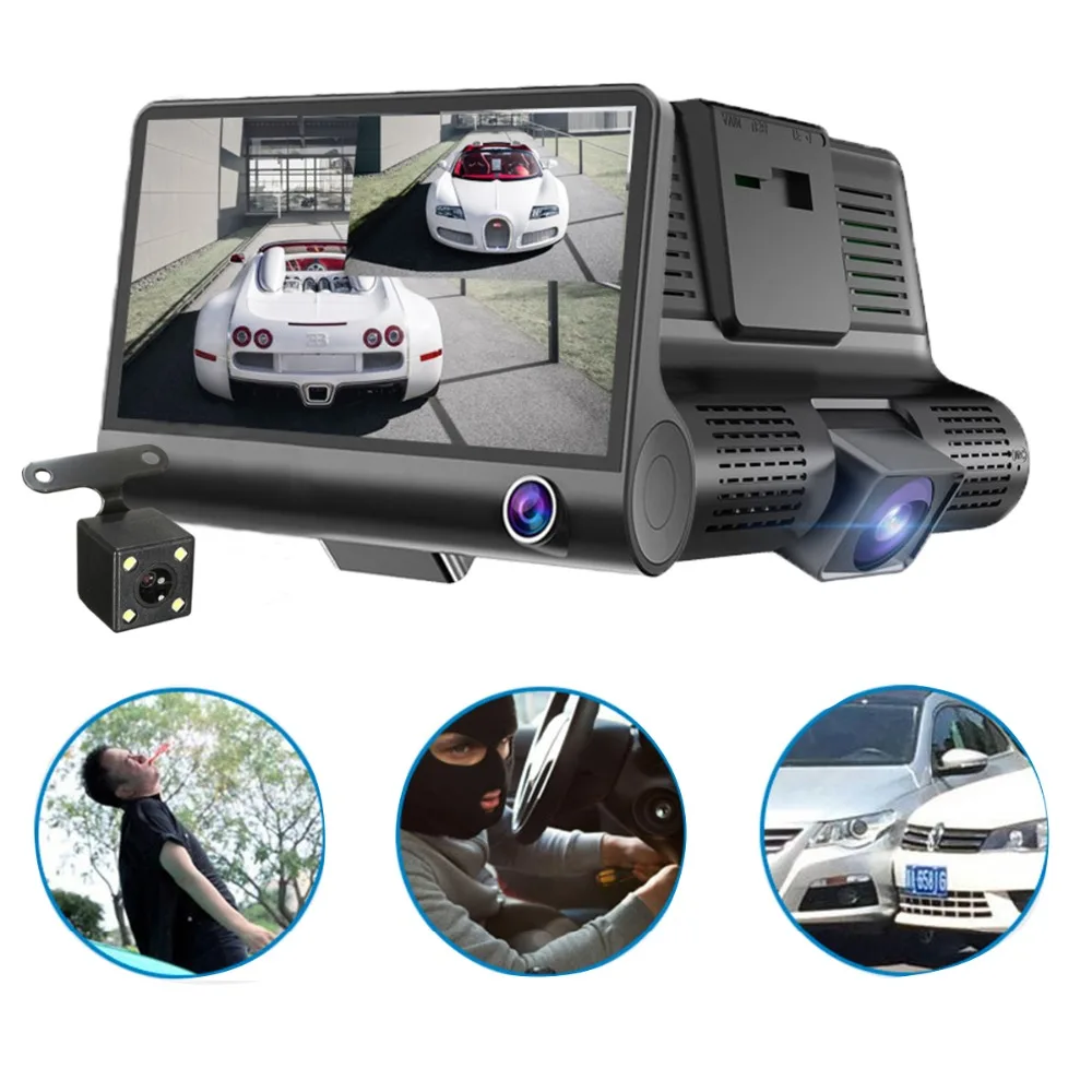 Podofo 4.0 Inch 3 Lens Car Black Box Dash Cam Hd 1080p 170 Degree Wide ...