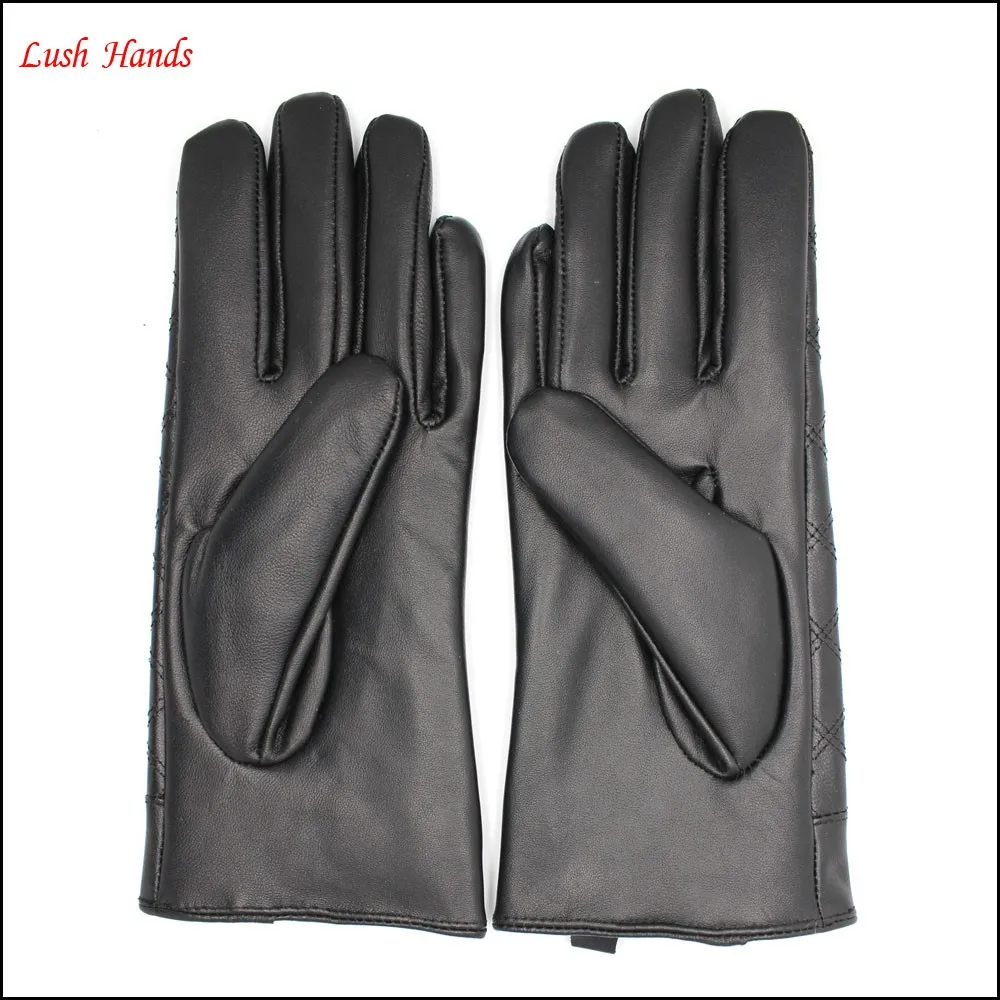 women's embroid black sheepskin winter leather gloves