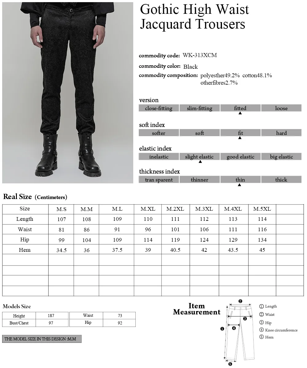 WK313 Gothic Gentleman Printing Black High Waist Woven Jacquard Big Size Trousers