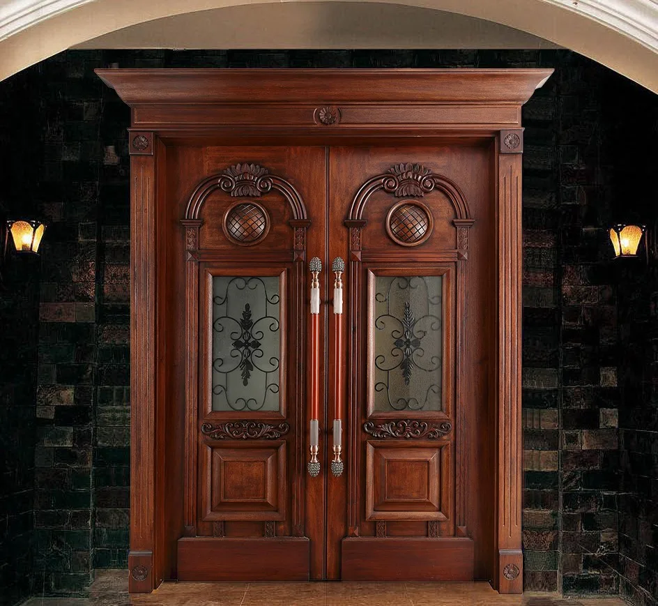 Unfinished Glass Solid Wooden Double Swing Interior Wood Doors For