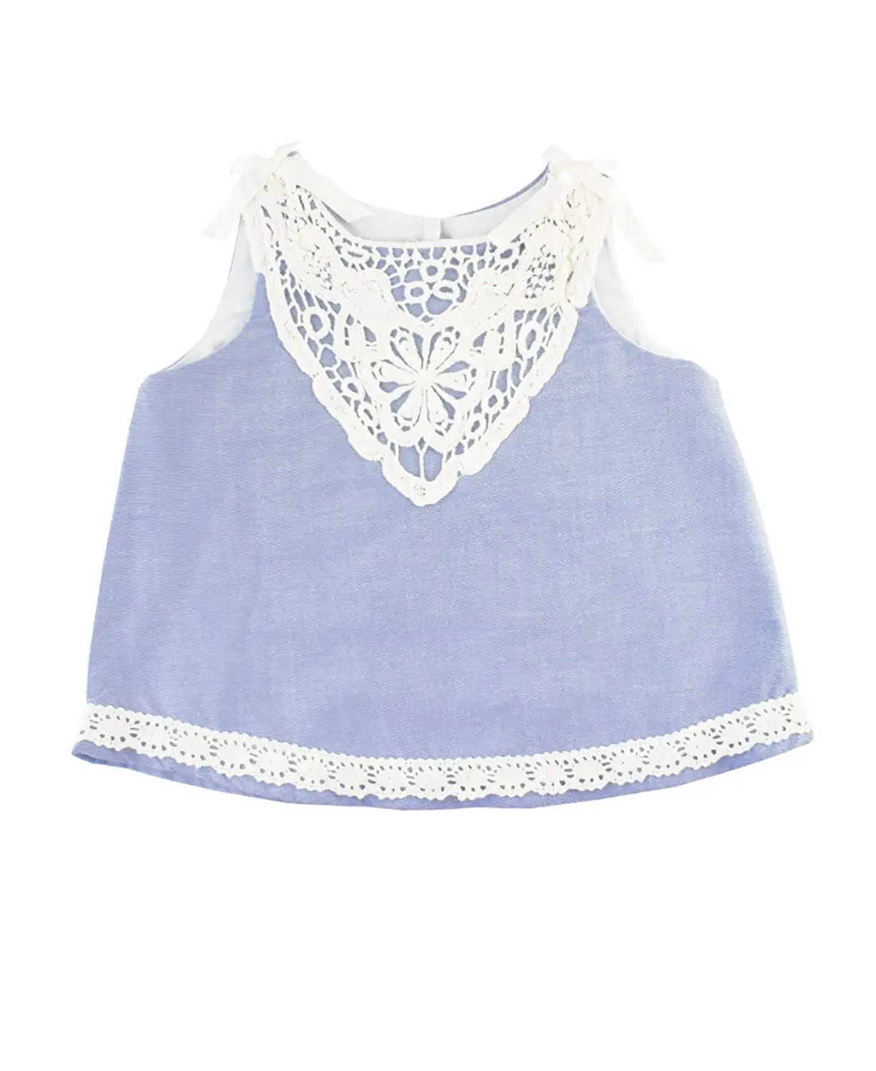 RuffleButts Baby//Toddler Girls Chambray Swing Top w//Crochet Lace Details