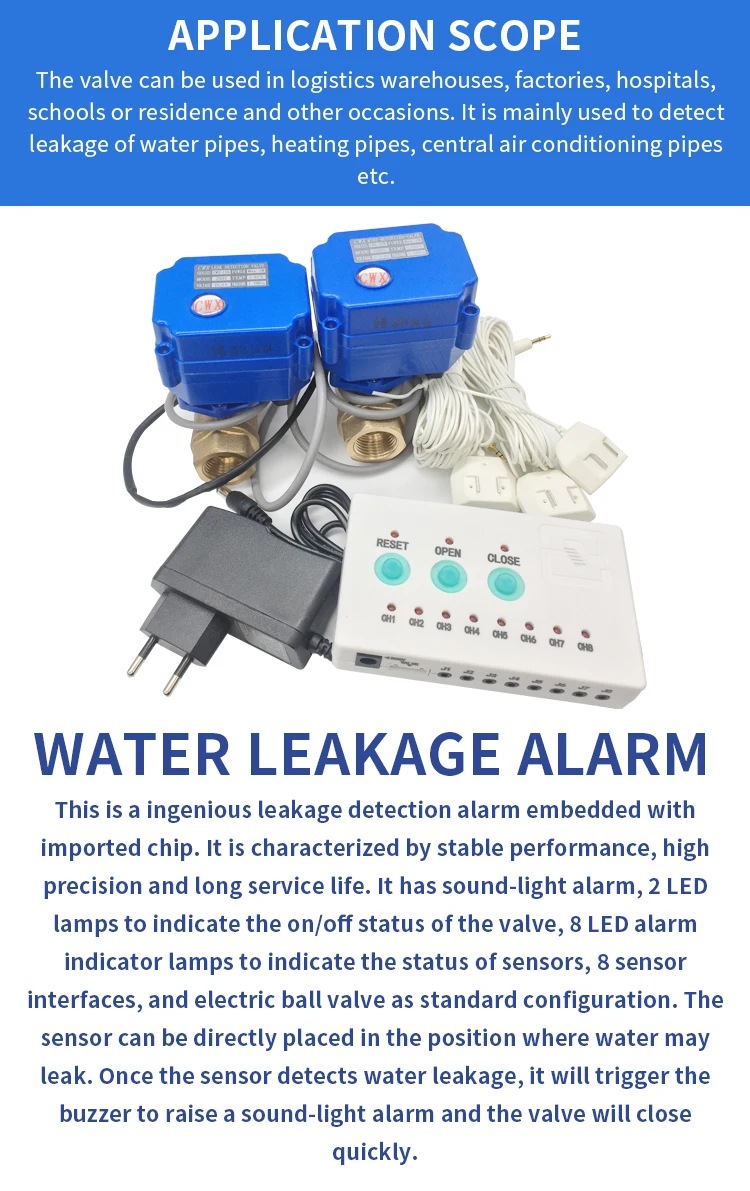 water overflow warning leak detection alarm 2way  sensors motorised valve