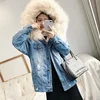 Fashion genuine rabbit fur lining Jacket women winter thick warm denim coats outdoor windbreaker jeans fur jacket with fur hood