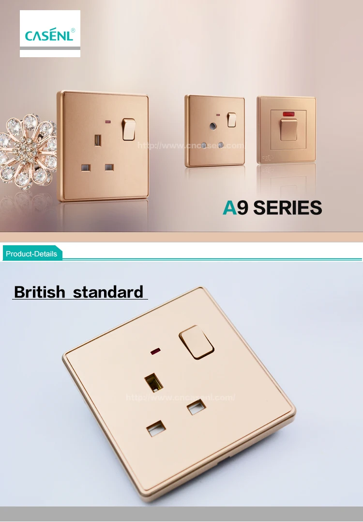 Socket 2 Gang - Golden - Classic - Grey Plastic Switch - 13A Double Wall Plug Socket