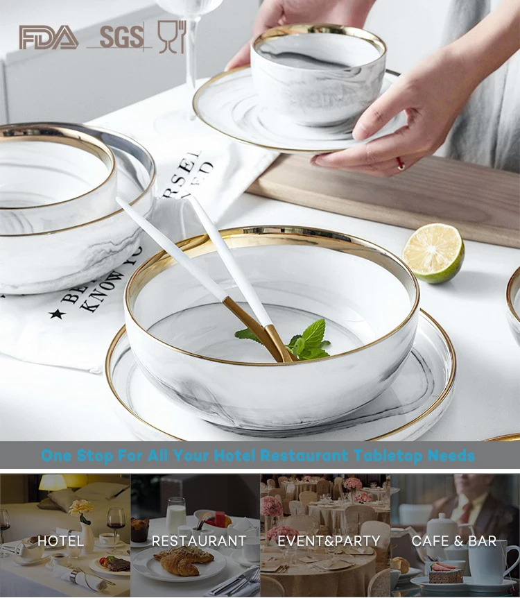 Hotel Supplies Gold Rim Grey Marble Crockery, European Gold Rim Grey Luxury Marble, Coupe Soup Bowl/
