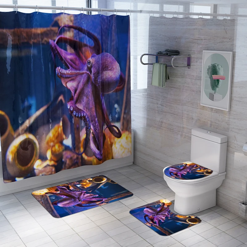 Waterproof Polyester octopus printed Luxury  bathroom rug mat sets  3 pcs Bath Mat Set  1pc Printed Shower Curtain