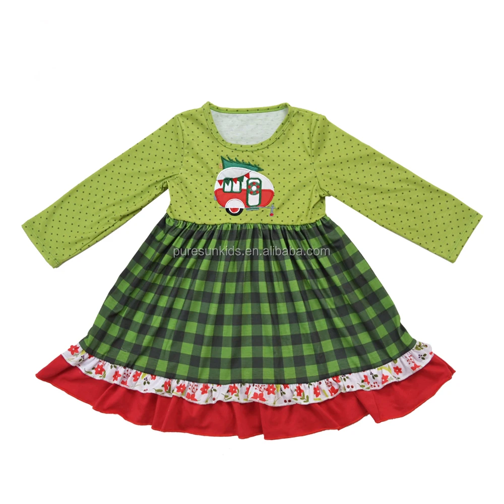 Green Tree Embroidery Christmas Wholesale Grid Printed Dresses Girls ...