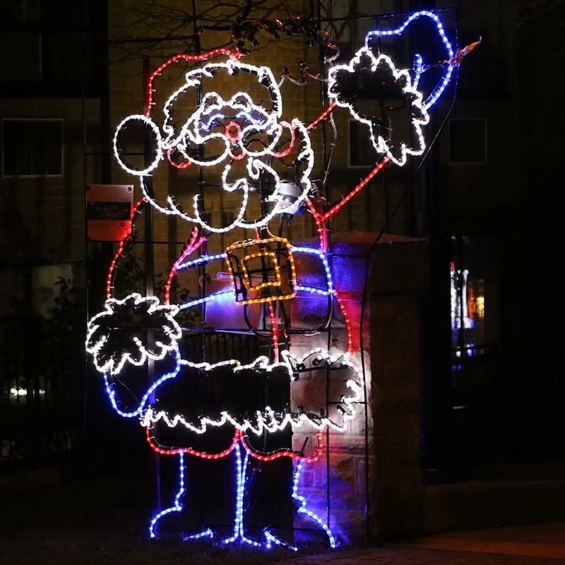 Outdoor 2d Led Rope Light Sculpture Waving Santa And Flying Reindeer