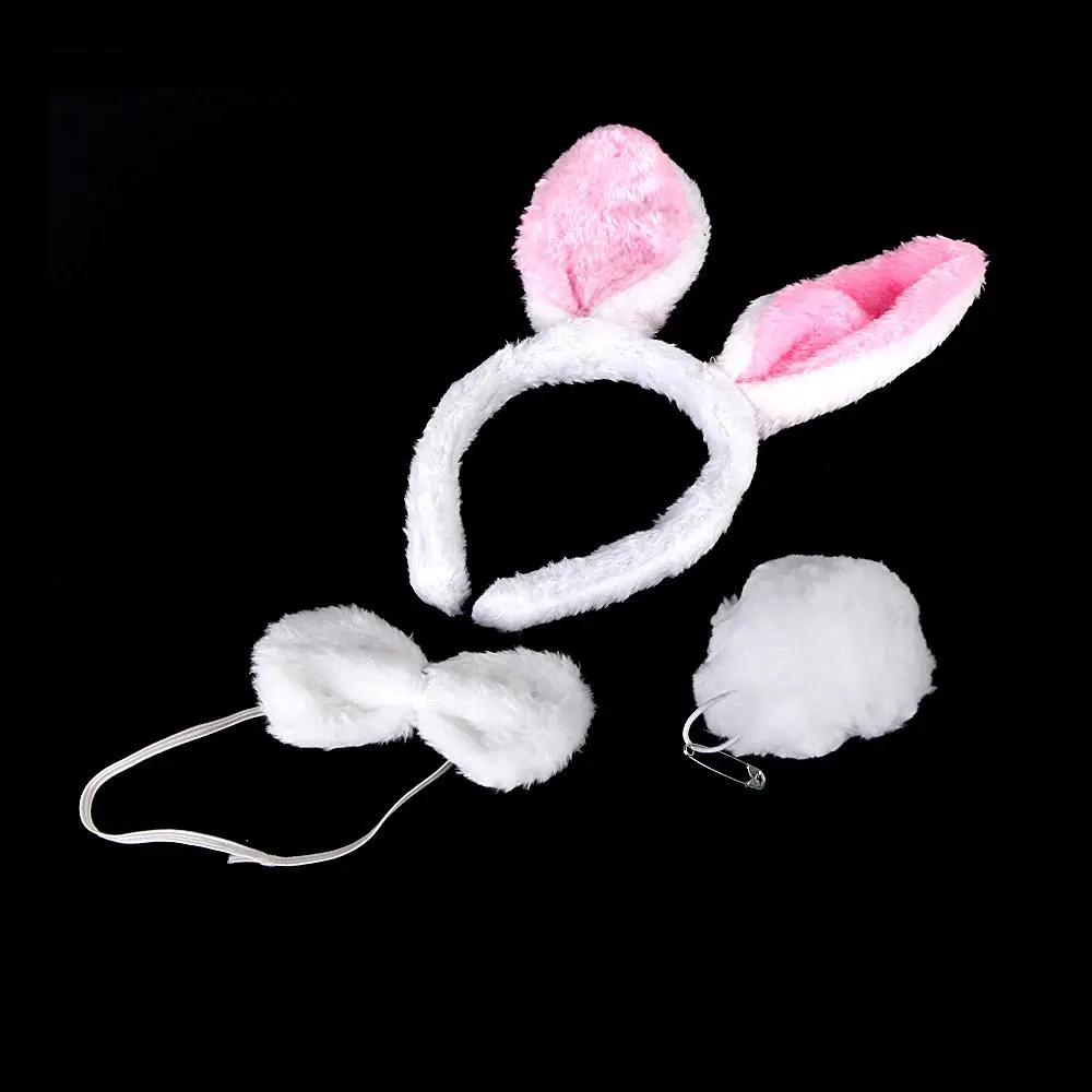 Constructan(TM) Plush Fluffy Rabbit Ears Hair Bands Bow Tie Tail Animal Bunny Costume Funny Halloween Props Dress Up Party Accessory Set