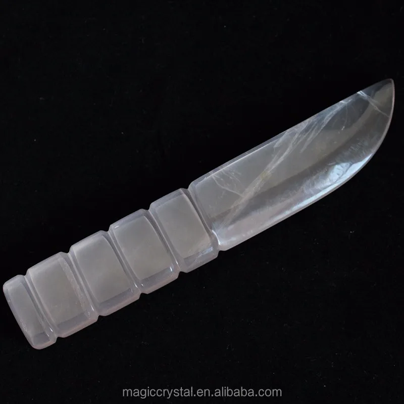 Handmade Natural Rose Quartz Crystal Stone Carving Knife Jade Dagger