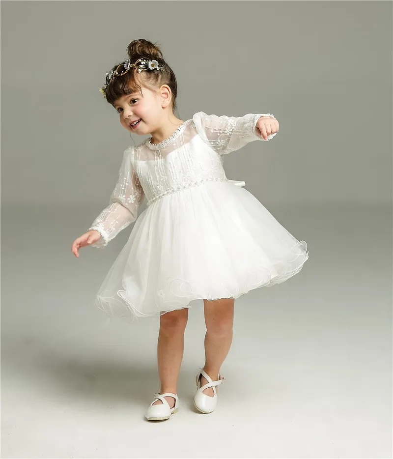 Zh1175f White Long Sleeve Tulle Lace Ball Gown Flower Girl Dress