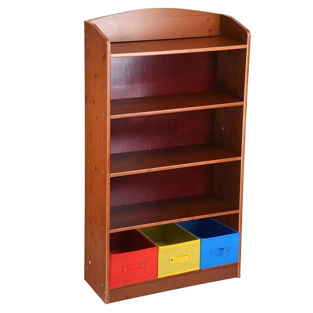 LeeMas Inc 5 Tier Brown Wood Bookshelf Bookrack Bookcase w/ 3 Non-Woven Bins Storage Organizer Shelving Home Office Furniture