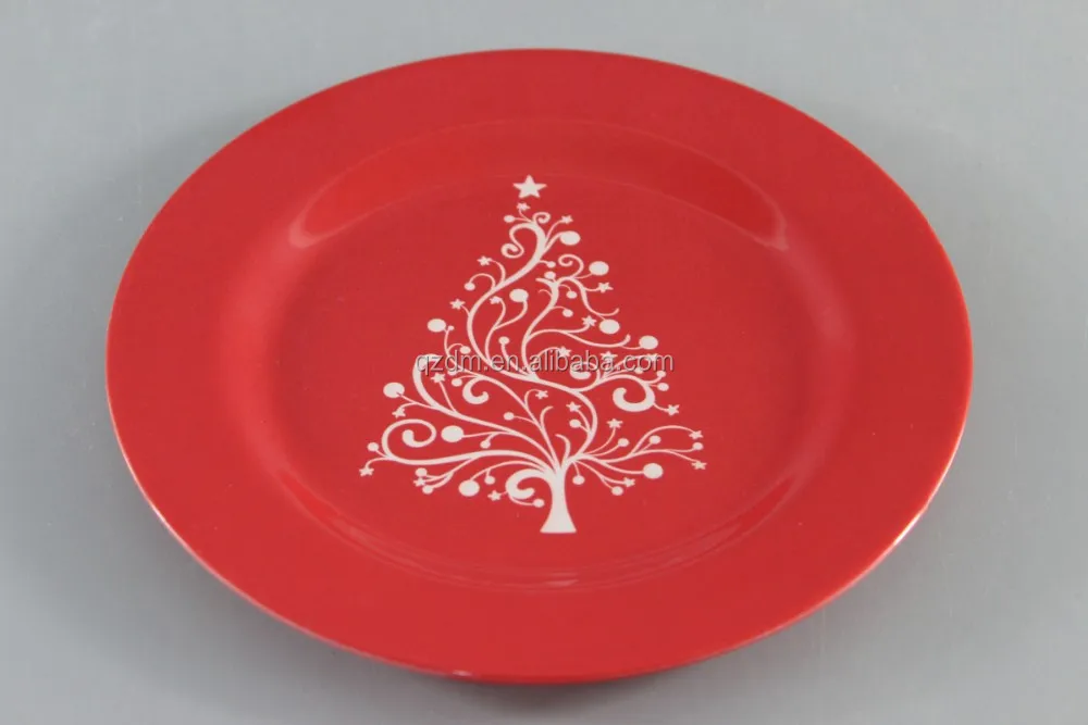 Christmas Tree Print Melamine Round Plate In Red