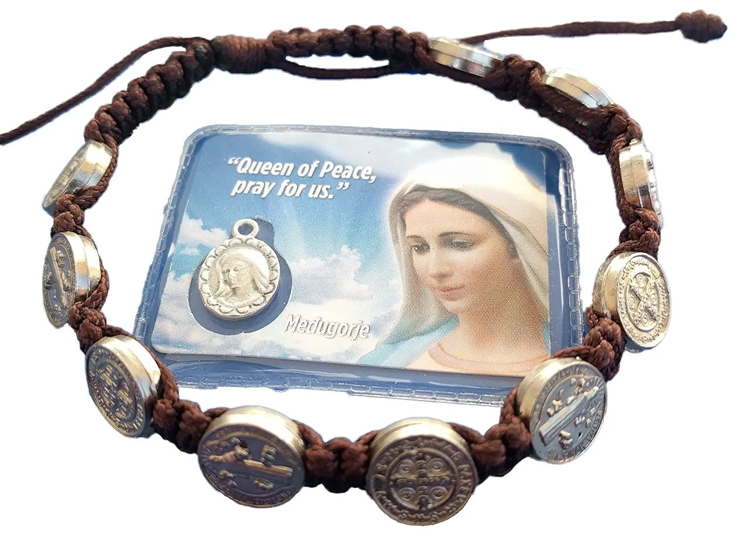 St. Saint Benedict Bracelet Medal / Adjustable Prayer Brown Cord From Medjugorje + Holy Card