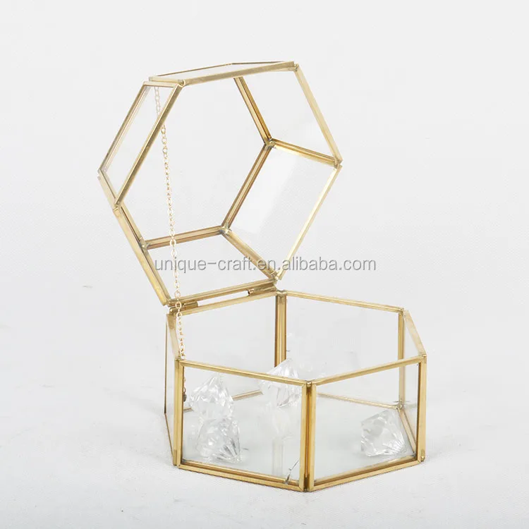 Wholesale Hexagonal Gold Glass Jewellery Box Display, Clear Glass Vase Shadow Boxes with Hinged Top Lid
