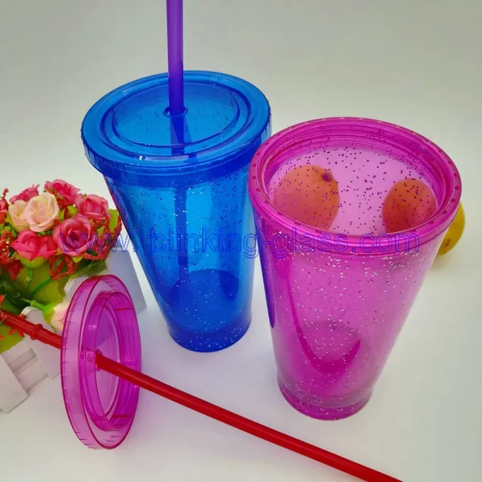 12oz Light Up Double Wall Glitter Plastic Tumbler With Lid And Straw