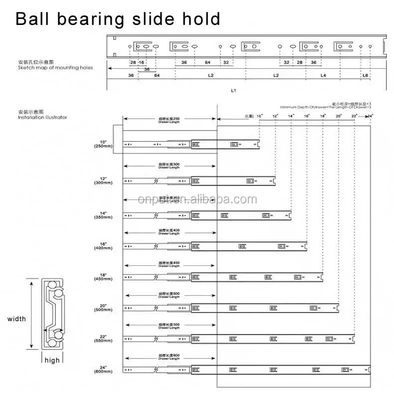 Normal 600mm Ball Bearing Ful L Extension Sleek Telescopic Drawer