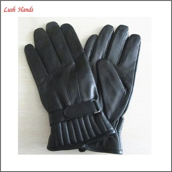 simple men 's warm winter black driving leather fabric wholesale gloves with belt