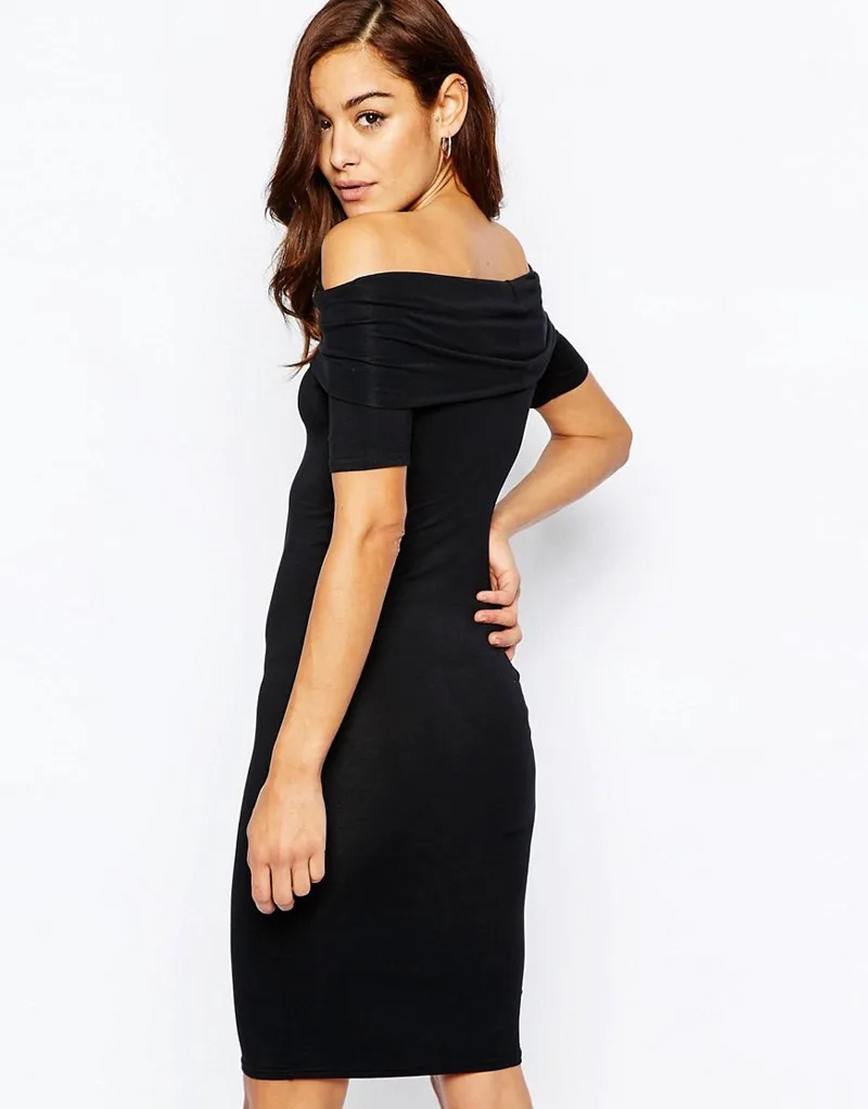 2020 96 Viscose 4 Elastane Solid Black Off Shoulder Midi Bodycon Dress ...