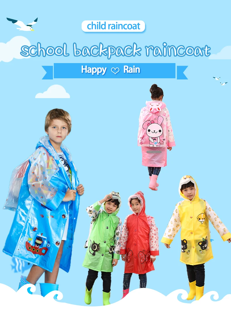 Wholesale Cute Cartoon Animal Pvc Kids Raincoat With Backpack Bag