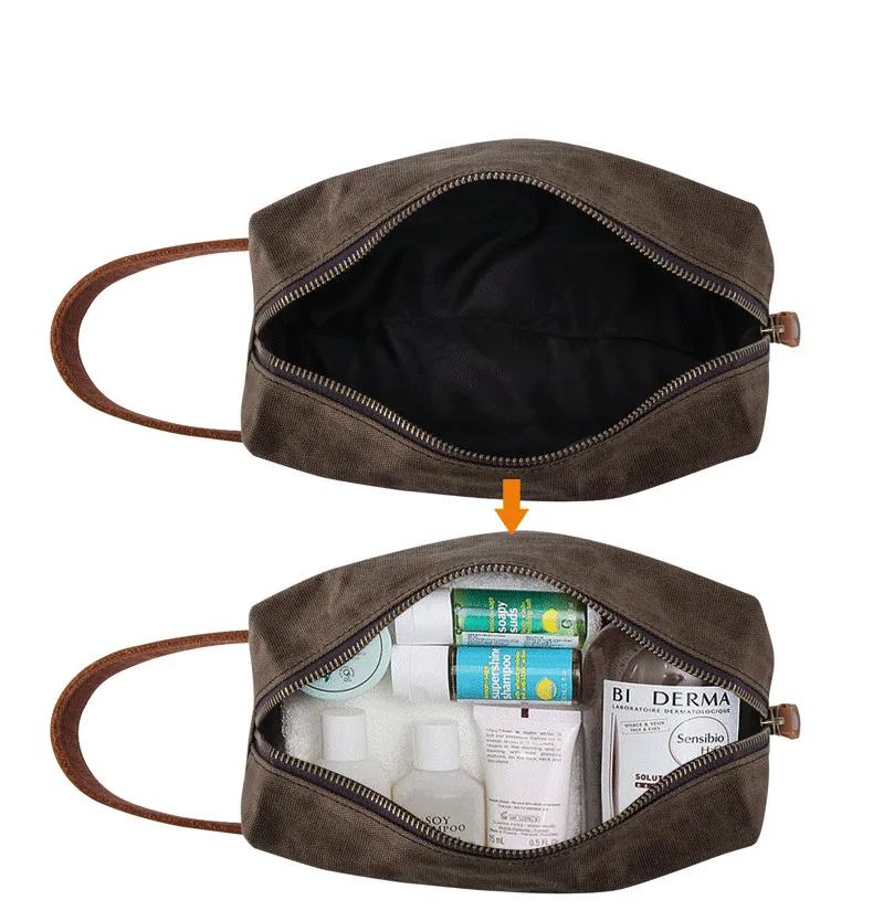 Travel waterproof men toiletry leather outdoor waxed canvas cosmetic zipper bags designer (1)