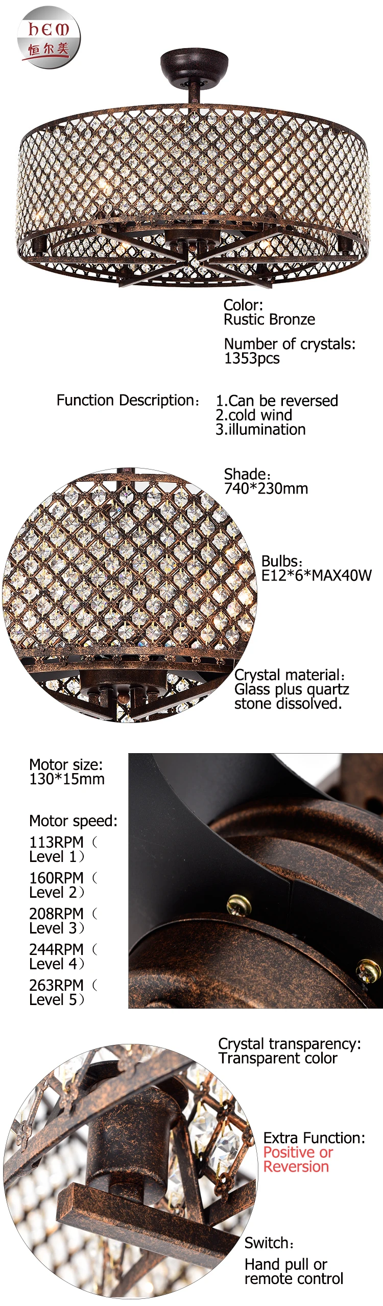 Energy Efficient Decor Crystal Remote Control Dc Ceiling Fan With Light