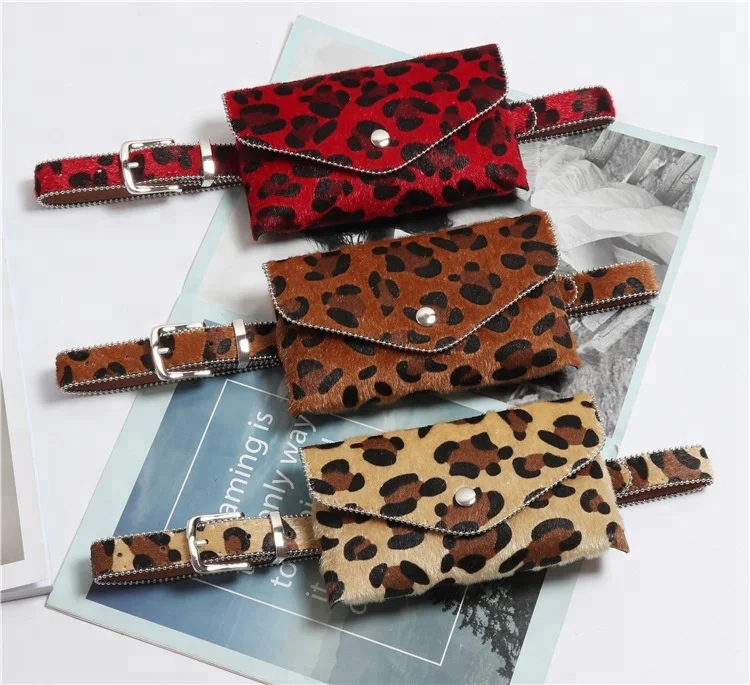 TIMEMEANS Belt Women Leopard Horse Hair Pockets Dual-use Phone Bag Purse 